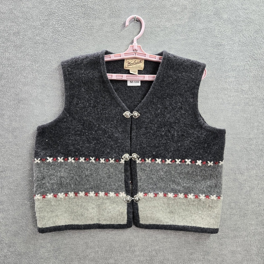 Woolrich Women Jacket L Grey Striped Vest 100% Wool Embroidered Cropped V Neck